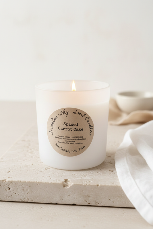 Spiced Carrot Cake candle with side label removed and a clean editorial background
